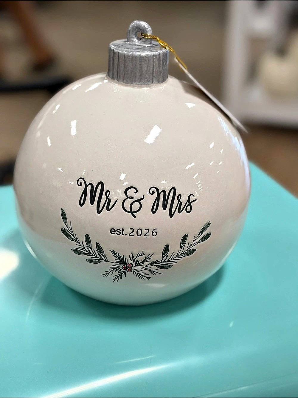 Martha Stewart Mr & Mrs est. 2026 ornament White & Green